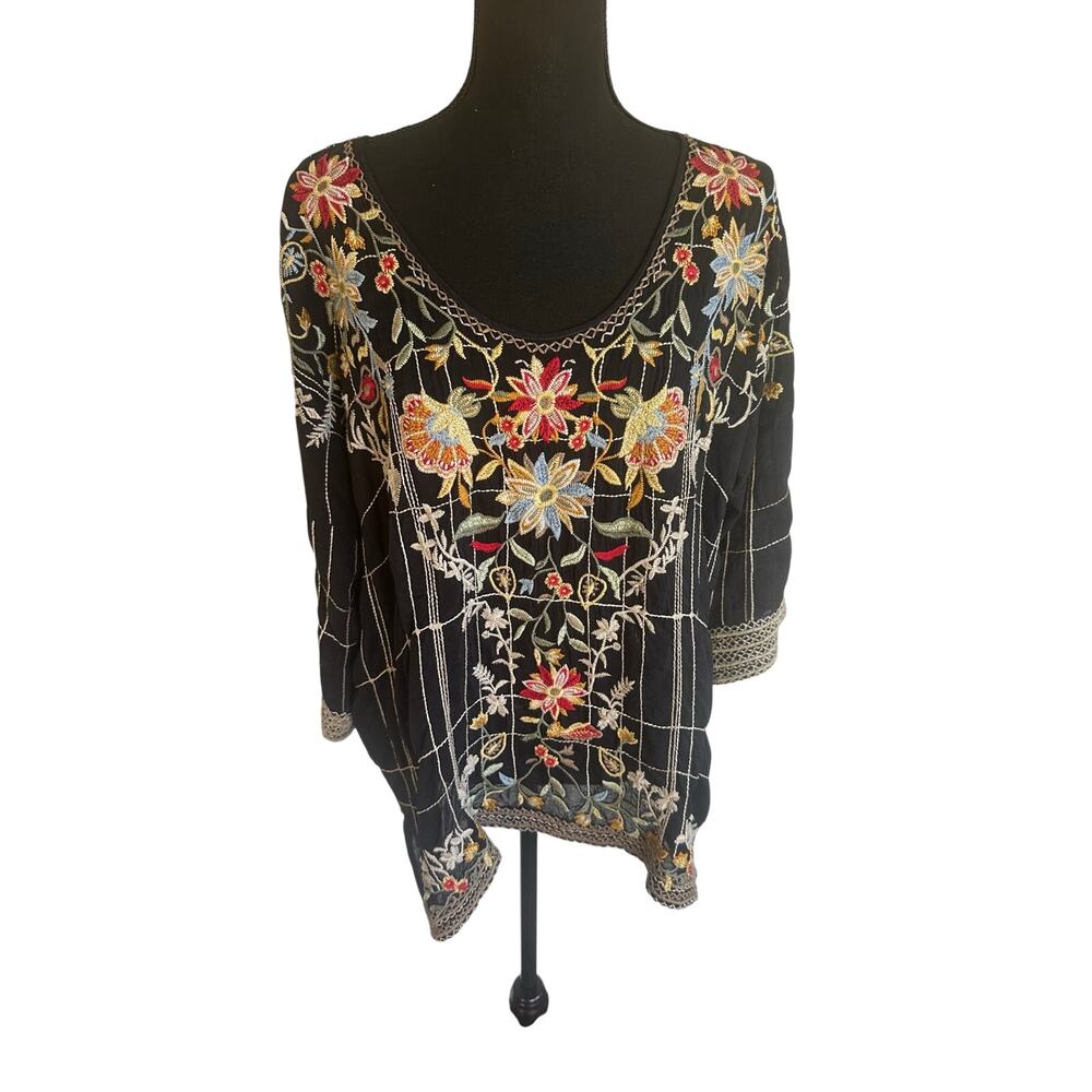 Johnny Was- Sienna Embroidered Blouse Black Grid- Size Large